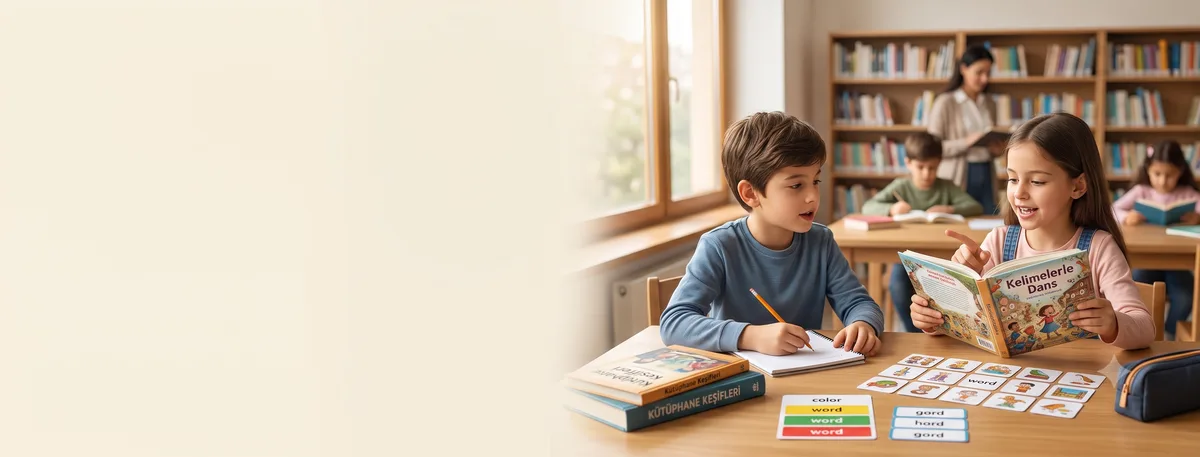 Un niño de 7 años sosteniendo un libro y charlando alegremente con sus amigos