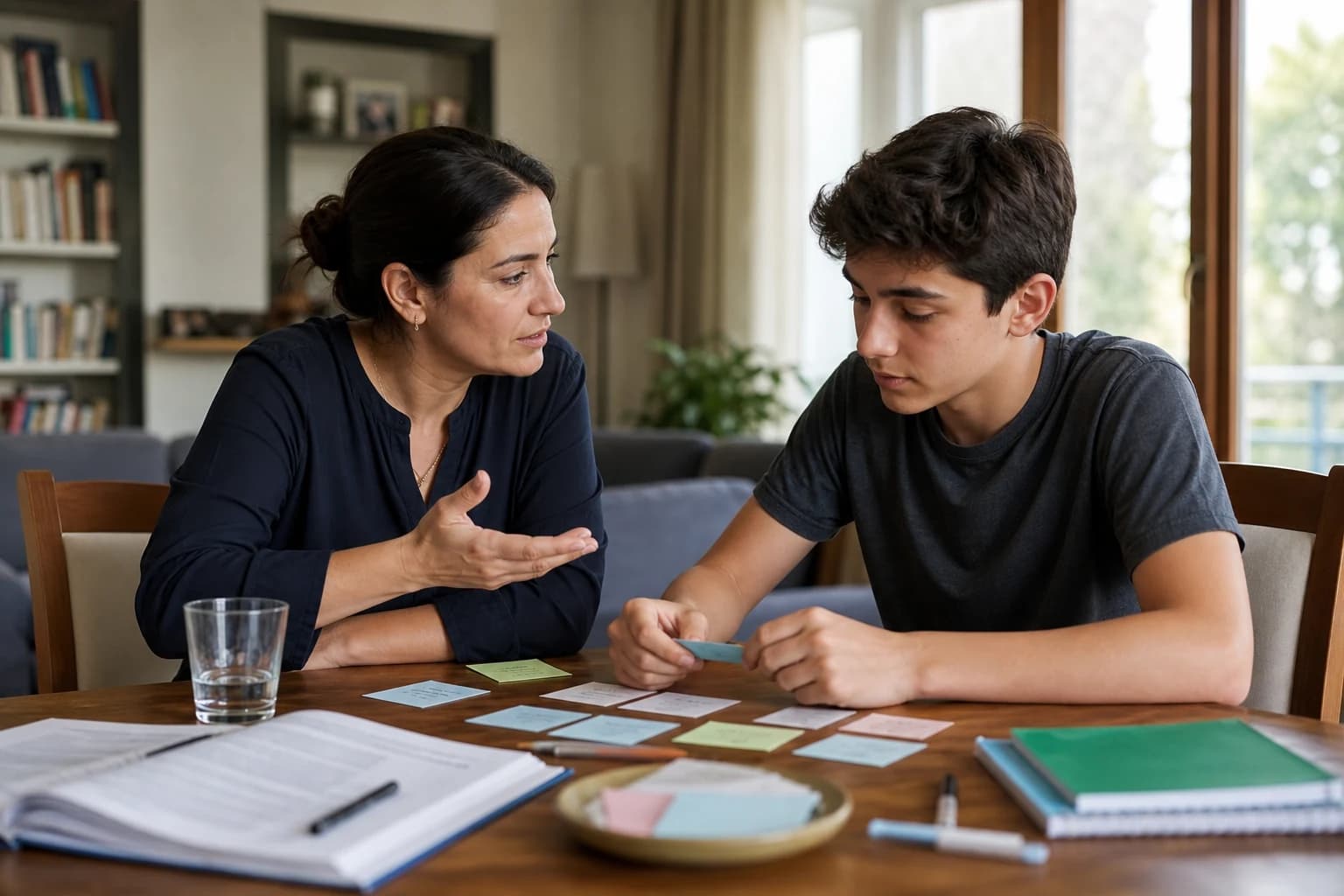 Uma mãe apoia o filho adolescente enquanto trabalha o pensar e o planear