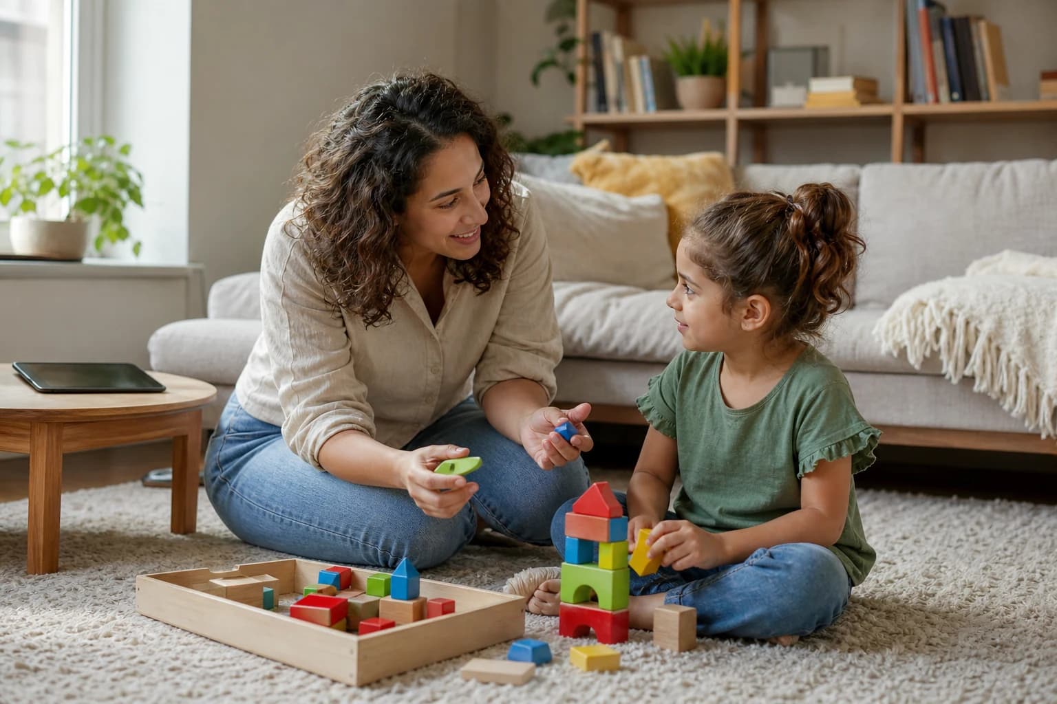 Una madre e il bambino in età prescolare passano con calma dallo schermo al gioco