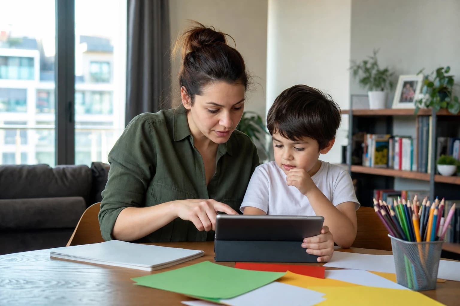 Una madre e il figlio usano il tablet in modo guidato