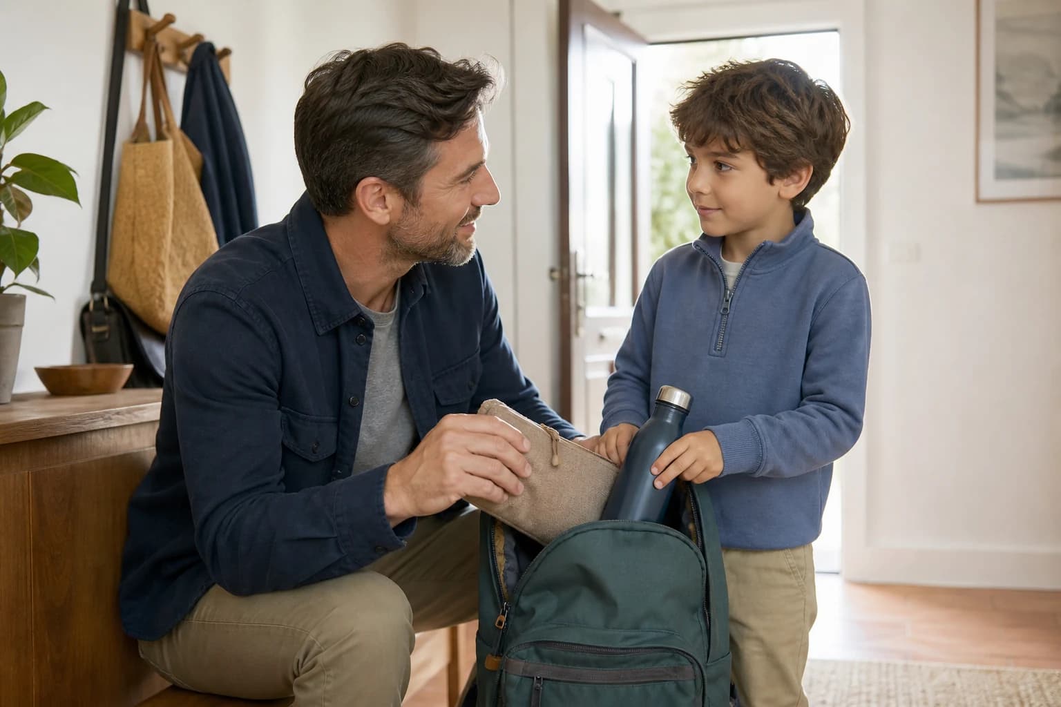 Ein Vater spricht ruhig mit seinem Schulkind über die Schulvorbereitung