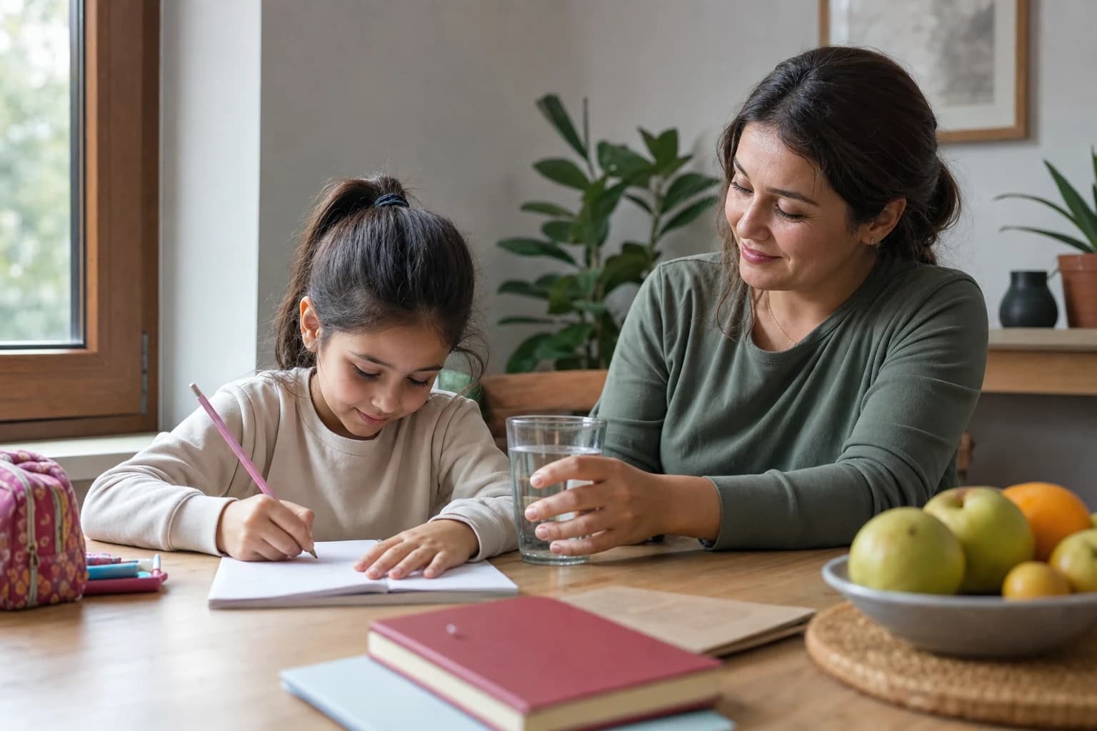 Ein Schulkind beginnt die Hausaufgabenroutine mit Unterstützung seiner Mutter