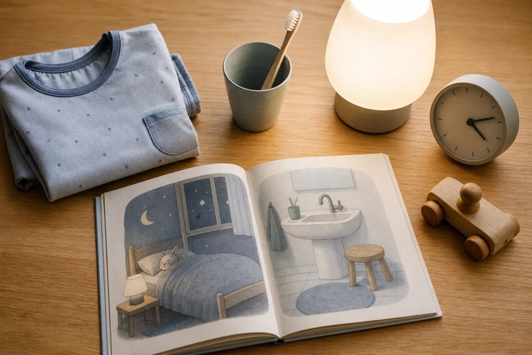 Kinderpyjama, Zahnbürste, offenes Bilderbuch, warmes Licht und analoge Uhr auf einem Holztisch