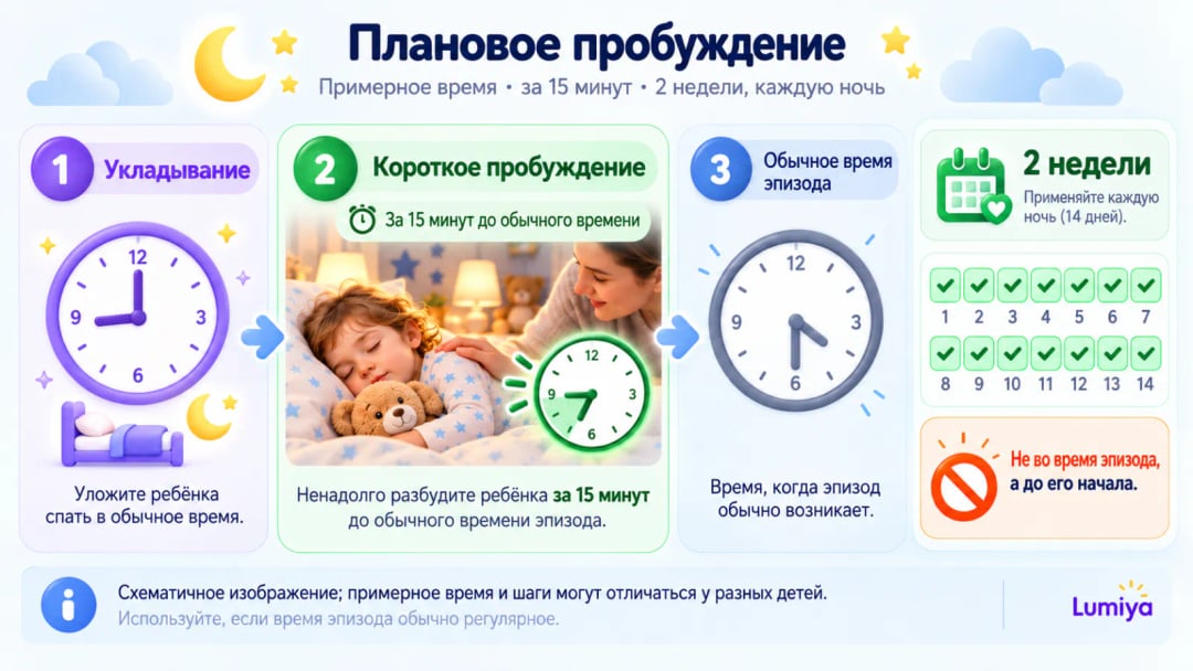 Три циферблата: 20:00 с кроватью и луной — время укладывания; 21:15 в зеленой рамке над рукой, лежащей на плече спящего ребенка; бледный циферблат 21:30 над перечеркнутой молнией; внизу календарь из 14 дней с галочками
