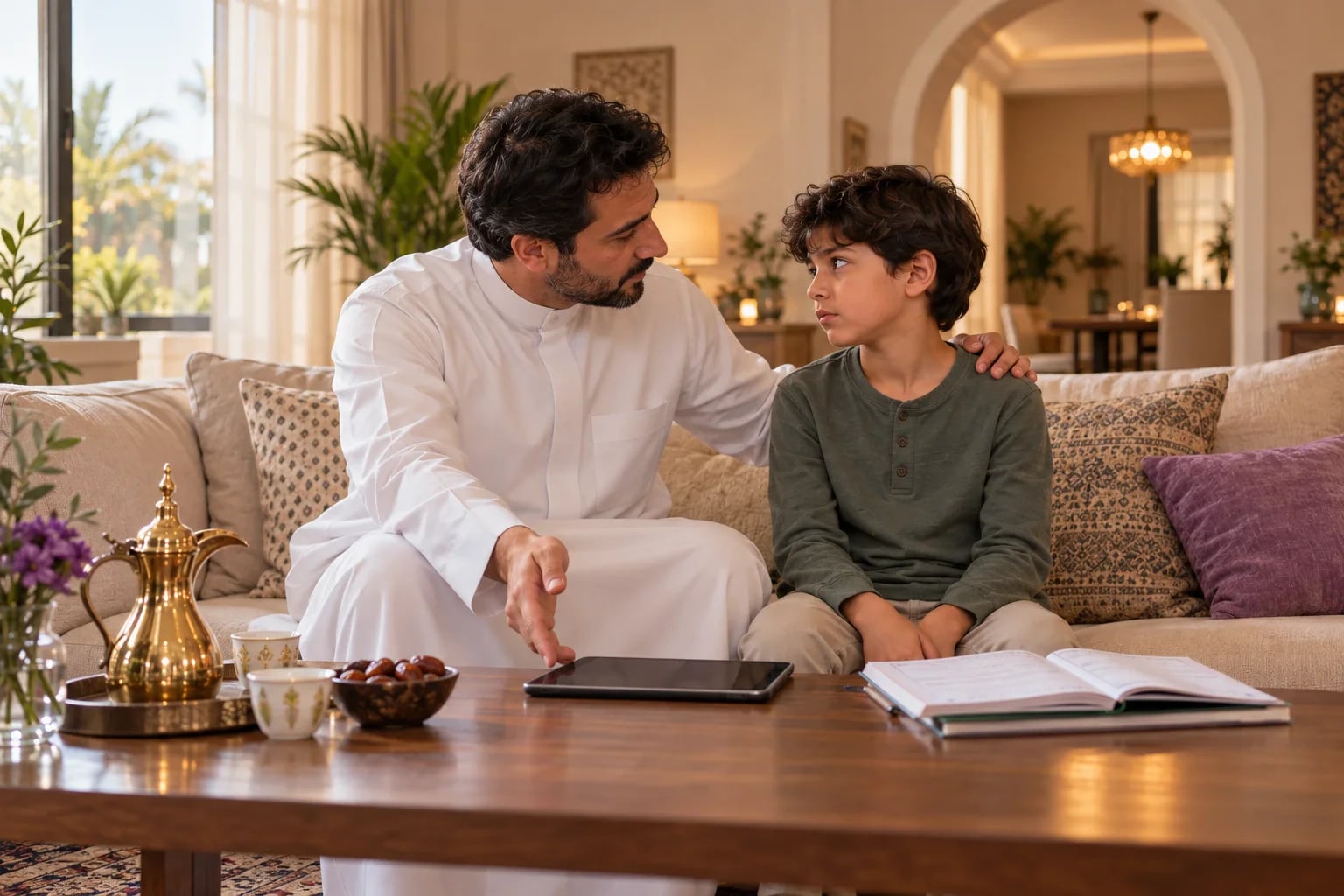 في غرفة معيشة سعودية حديثة، يجلس أب يرتدي ثوباً أبيض بجوار ابنه ذي التسع سنوات ويضع يده على كتفه ويحدّثه بهدوء، وعلى الطاولة جهاز لوحي ودفتر مدرسي مفتوح.