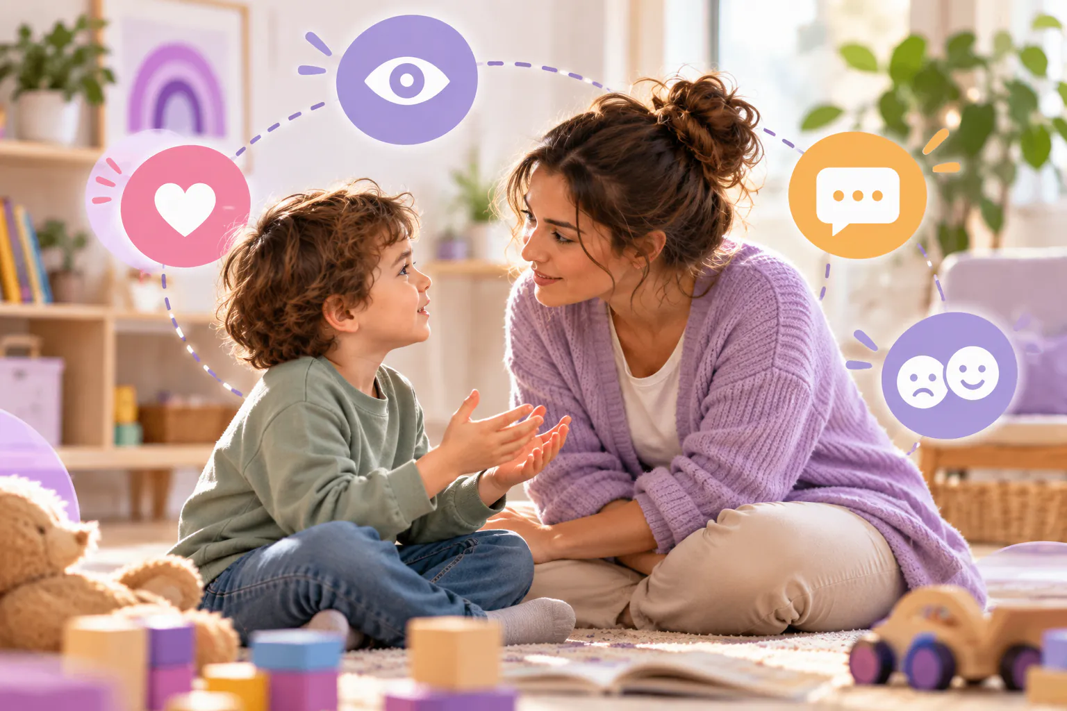 В парке ребёнок присел рядом с упавшим другом, который держится за колено, и положил руку ему на плечо; рядом за ними наблюдает родитель
