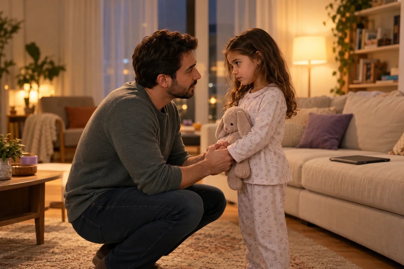 Akşam ışığında bir oturma odasında baba, pijamalı kızının göz hizasına çömelmiş, ellerini tutarak sakin ama kararlı bir şekilde onunla konuşuyor.