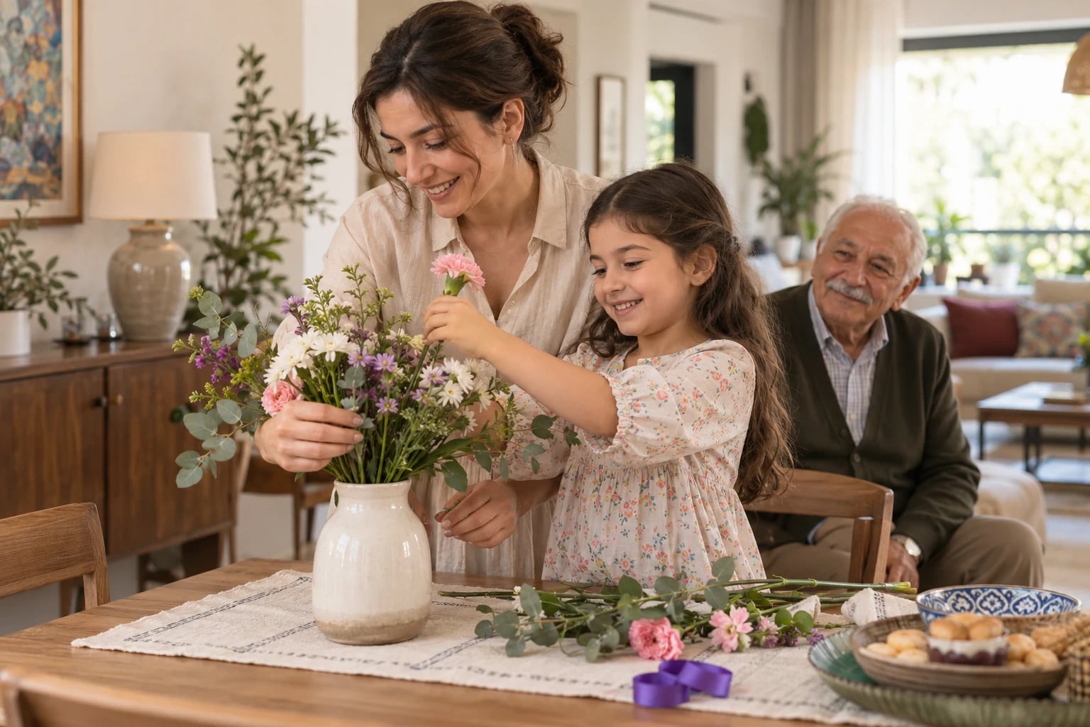 Bir anne ve çocuk çiçekleri vazoya yerleştirirken büyükbaba onları izliyor.