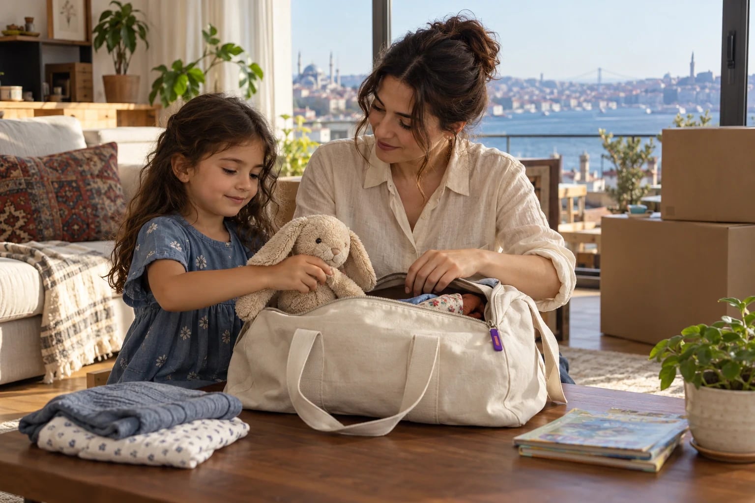 Aydınlık bir evde ebeveyniyle birlikte tanıdık oyuncağını küçük çantasına koyan çocuk ve arka planda taşınma kolileri.