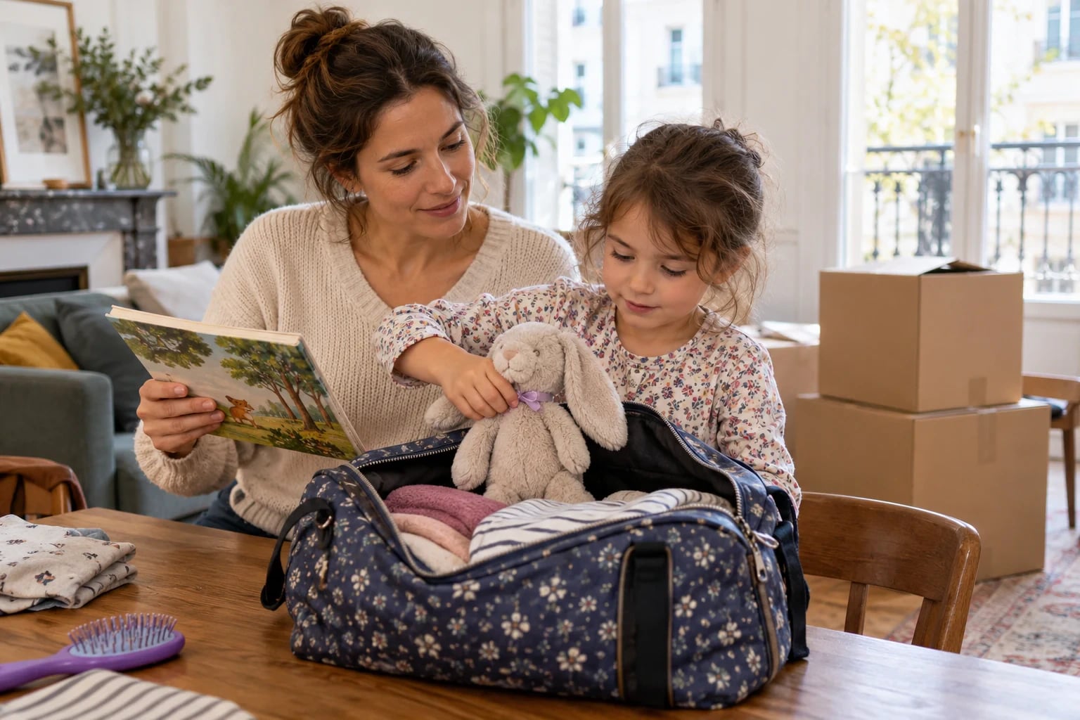 Un enfant glisse son lapin en peluche dans un sac ouvert tandis qu'un parent tient un livre, avec des cartons de déménagement derrière eux.