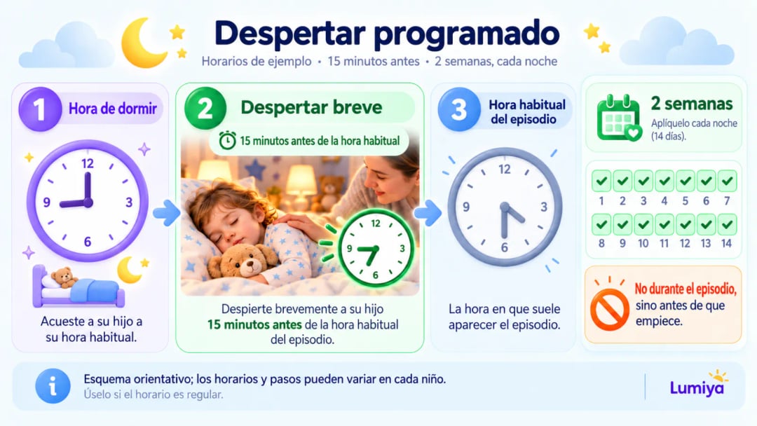 Tres relojes: las 20:00 con una cama y una luna para la hora de acostarse; las 21:15 con marco verde sobre una mano apoyada en el hombro de un niño dormido; las 21:30 en gris sobre un rayo tachado; abajo, un calendario de 14 días todos marcados