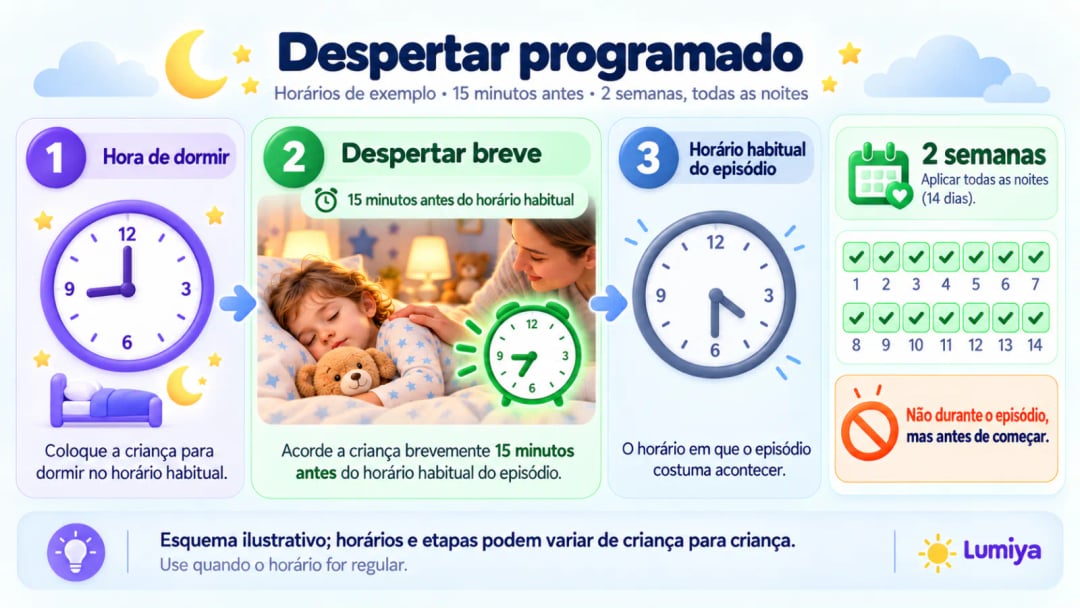 Três relógios: às 20h, hora de deitar, ao lado de uma cama e da lua; às 21h15, com moldura verde, por cima de uma mão pousada no ombro de uma criança a dormir; às 21h30, esbatido, por cima de um relâmpago riscado; em baixo, um calendário de 14 dias todos assinalados