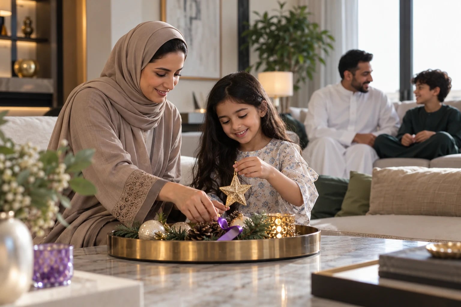 أم وطفلة ترتبان زينة صغيرة على صينية بينما يتحدث الأب والأخ في الخلفية.
