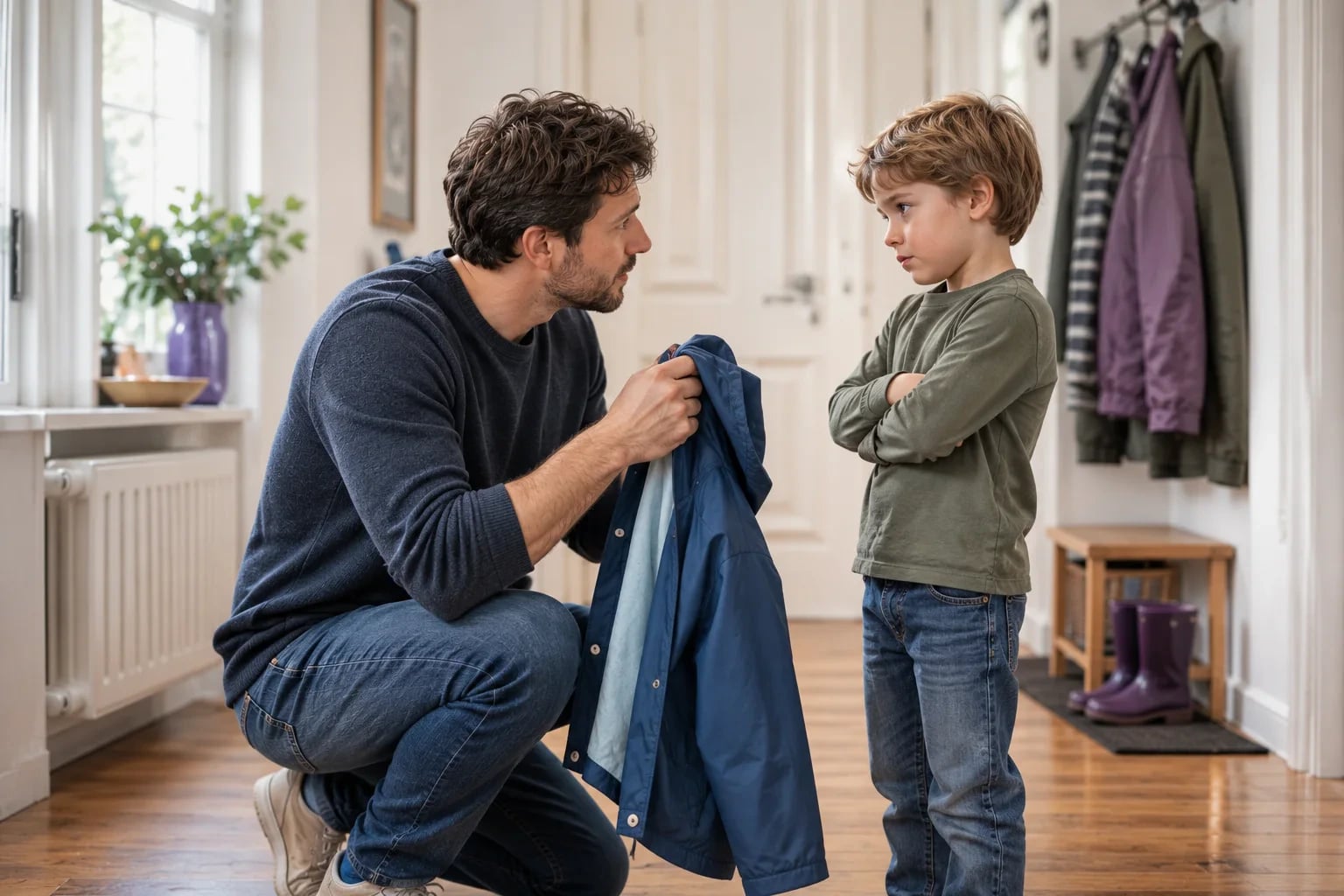 Im Flur einer Altbauwohnung kniet ein Vater vor seinem vierjährigen Sohn und hält ihm eine blaue Regenjacke hin; der Junge hat die Arme verschränkt.