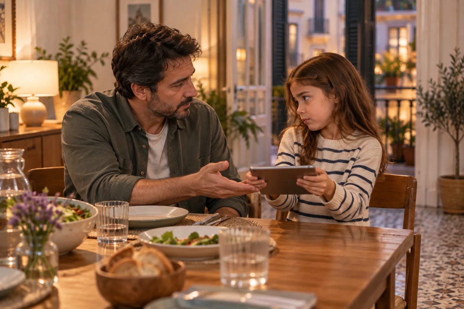En la mesa de la cena de un piso luminoso, un padre se gira hacia su hija de ocho años y tiende la mano con calma para que le entregue la tableta.