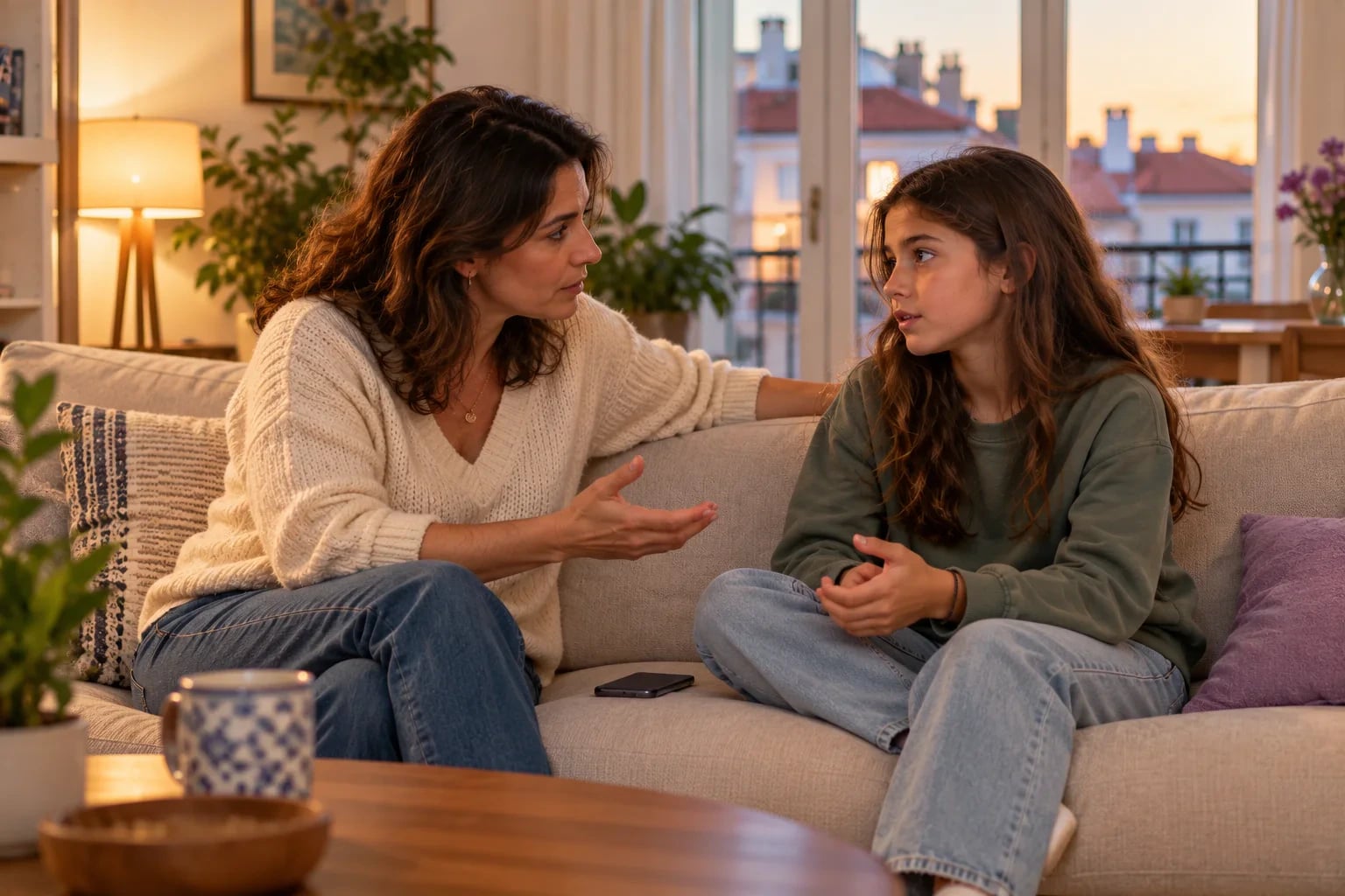 Num apartamento luminoso de Lisboa ao fim da tarde, uma mãe e a filha de doze anos estão sentadas no sofá frente a frente e conversam com calma.