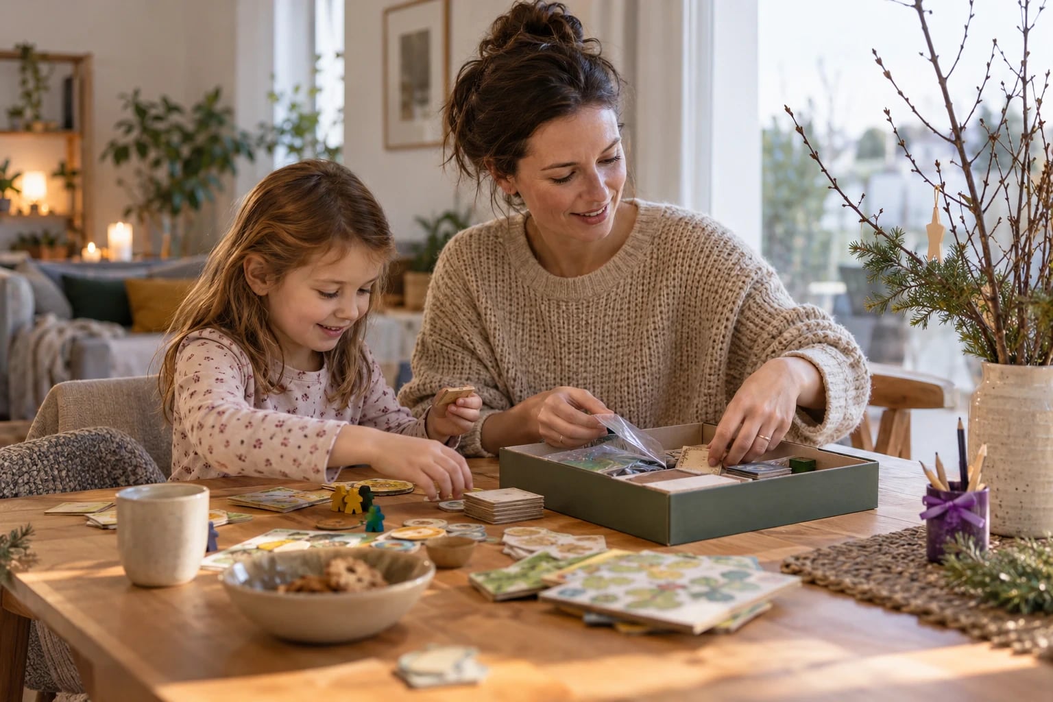 Ein Elternteil und ein Kind legen gemeinsam die Teile eines Familienspiels auf den Tisch.