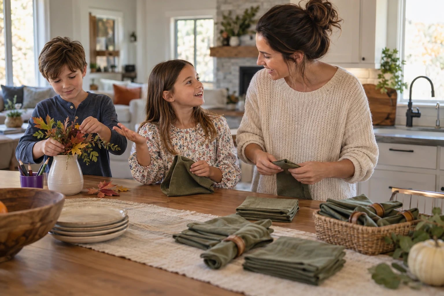 A parent and two children prepare cloth napkins and a small autumn table decoration together.