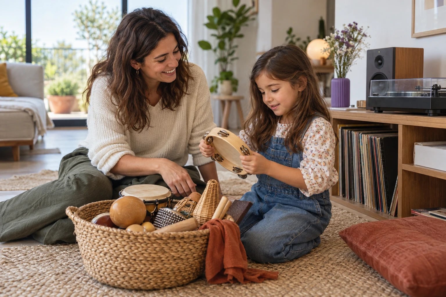 Uma mãe e uma criança escolhem pequenos instrumentos para um momento de música em família.