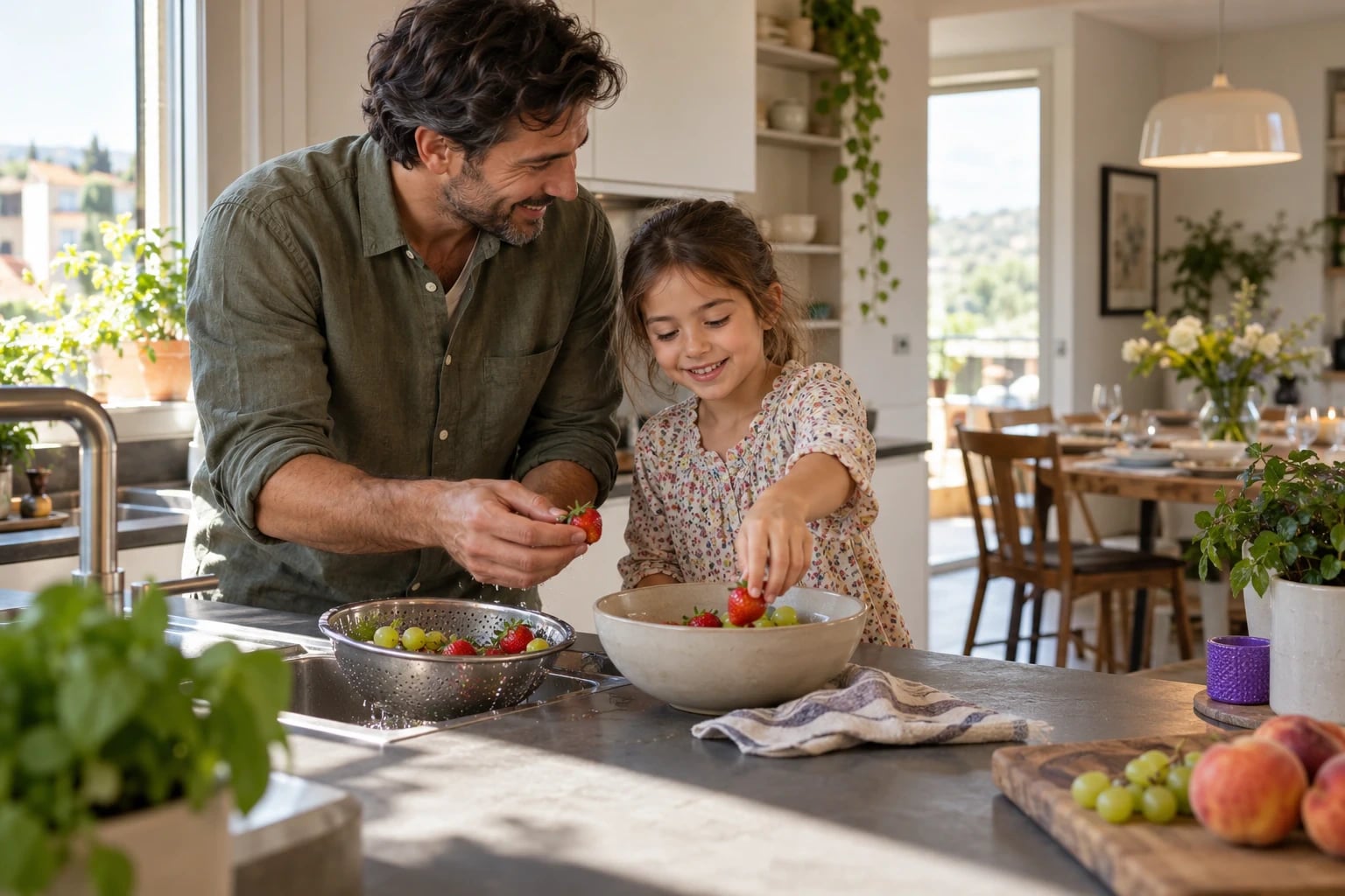 Un padre e una bambina sistemano insieme la frutta in una ciotola per una riunione di famiglia.