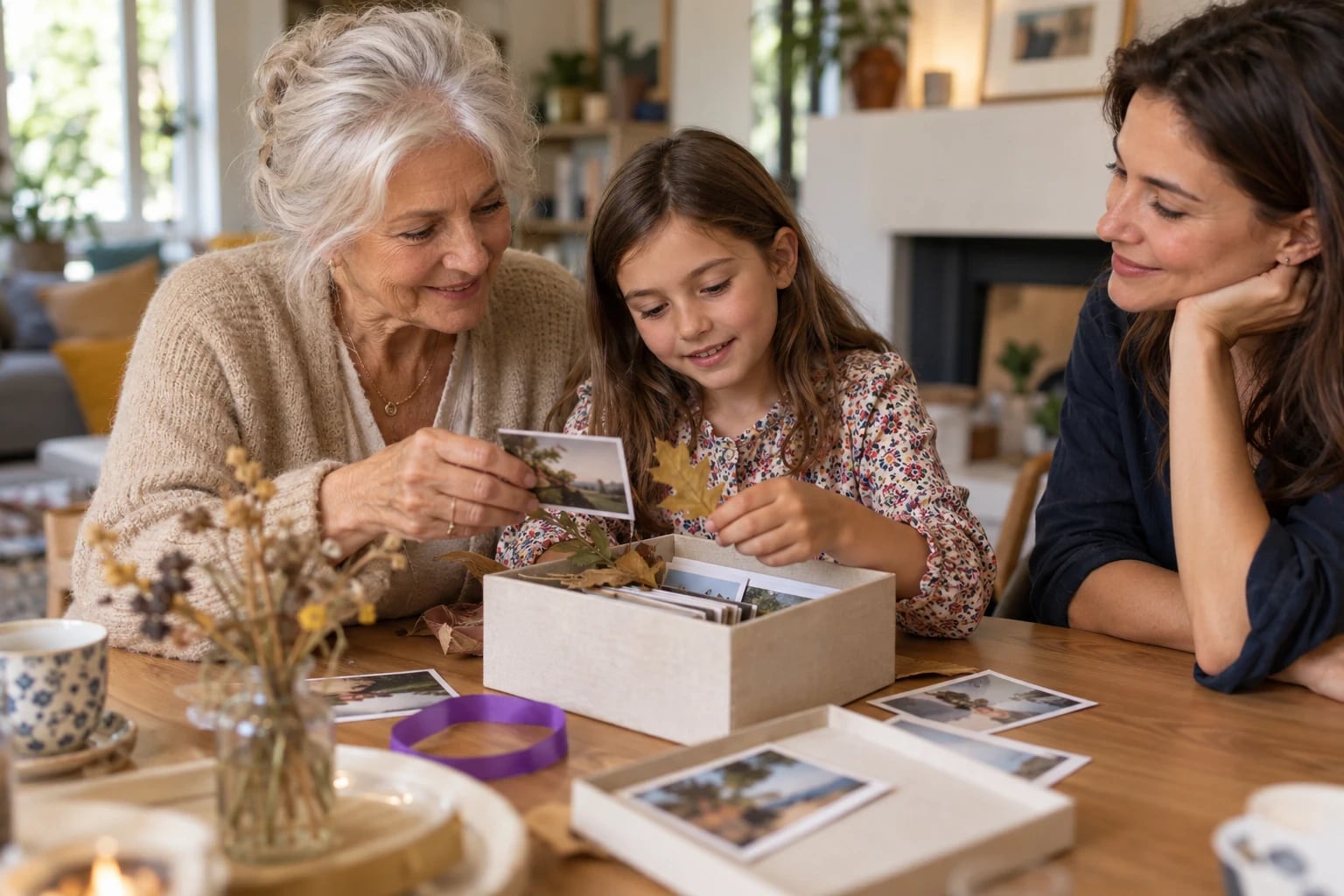Une grand-mère et une enfant préparent une boîte à souvenirs avec un parent à leurs côtés.