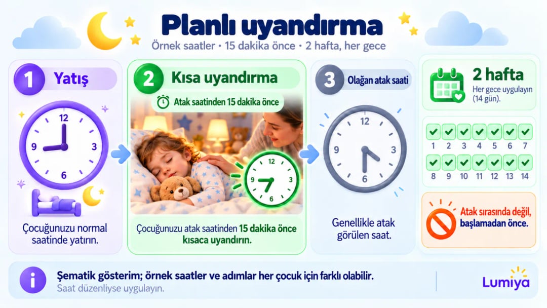 Üç saat kadranı: akşam 8'de yatış ve yanında yatak ile ay; 9.15'te yeşil çerçeveli kadranın altında uyuyan çocuğun omzuna konmuş bir el; 9.30'da soluk kadranın altında üstü çizilmiş şimşek; en altta onay işaretli 14 günlük takvim