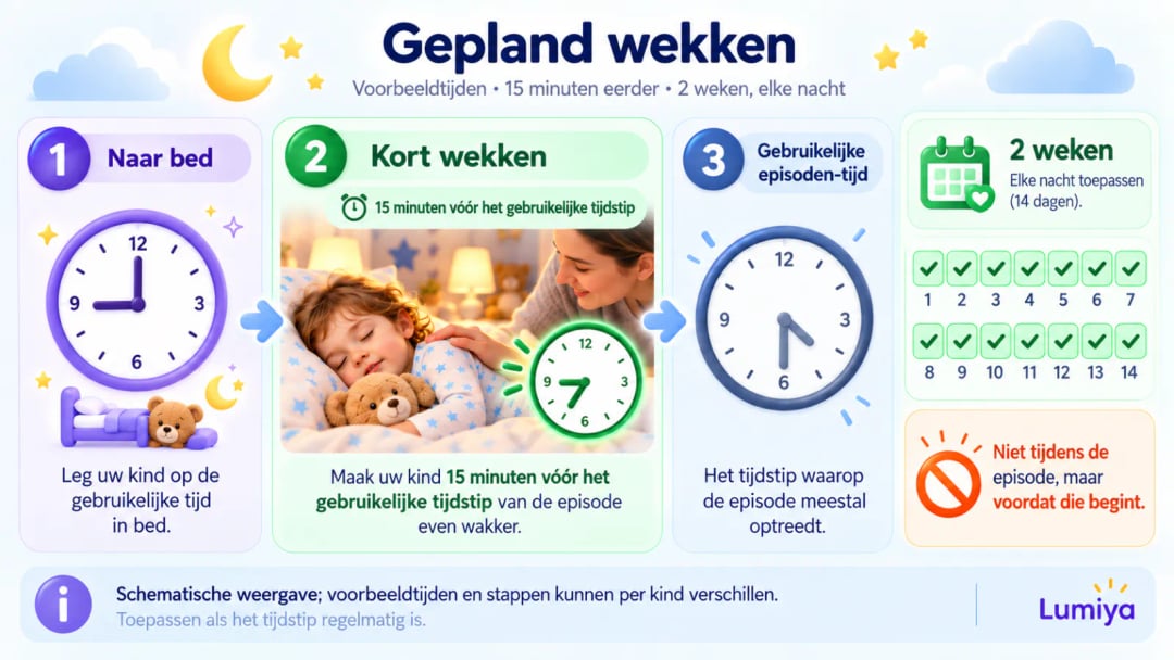 Drie klokken: 8 uur ’s avonds met een bed en een maan voor bedtijd; kwart over 9 ’s avonds met een groene rand boven een hand op de schouder van een slapend kind; half 10 ’s avonds vervaagd boven een doorgestreepte bliksem; onderaan een kalender van 14 dagen die allemaal zijn afgevinkt