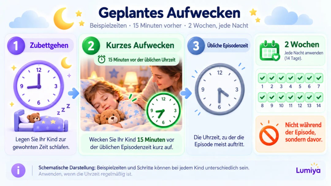 Drei Zifferblätter: 20 Uhr abends mit Bett und Mond fürs Zubettgehen; 21:15 Uhr grün umrandet über einer Hand auf der Schulter eines schlafenden Kindes; 21:30 Uhr blass über einem durchgestrichenen Blitz; darunter ein Kalender mit 14 abgehakten Tagen