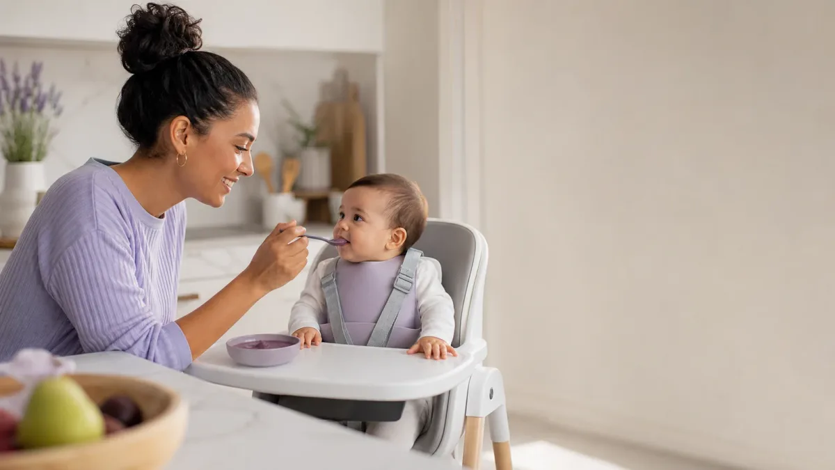 Um dos pais oferece uma colherinha de comida a um bebé sentado direito na cadeira da papa