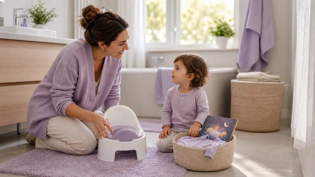 Ein Elternteil begleitet ein vollständig bekleidetes Kleinkind ruhig neben einem Töpfchen