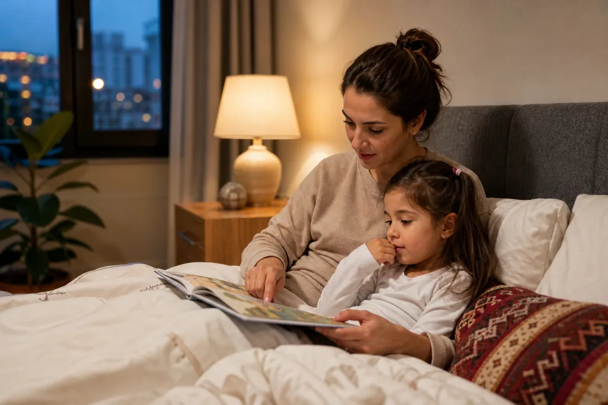 Le soir, un parent installe un rituel du coucher apaisant en lisant un album au lit avec son enfant