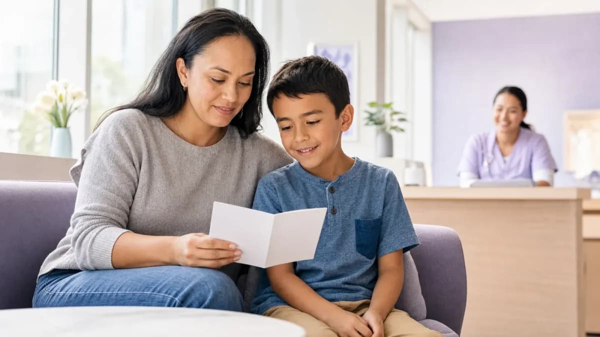 Een ouder bekijkt in de praktijk het vaccinatieboekje met het schoolkind