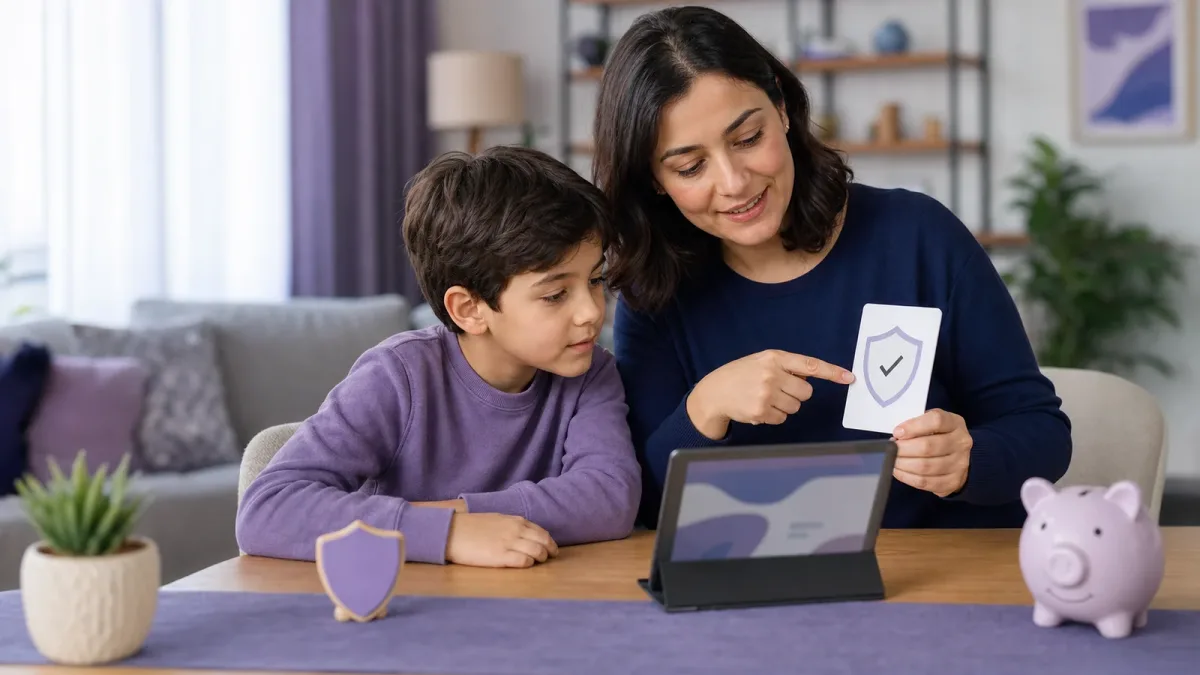 Un genitore e un bambino tra sei e nove anni osservano una carta di sicurezza vicino a un tablet