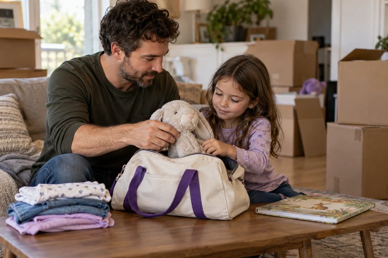 A parent and child in a bright home pack a familiar toy into a small bag, with moving boxes behind them.