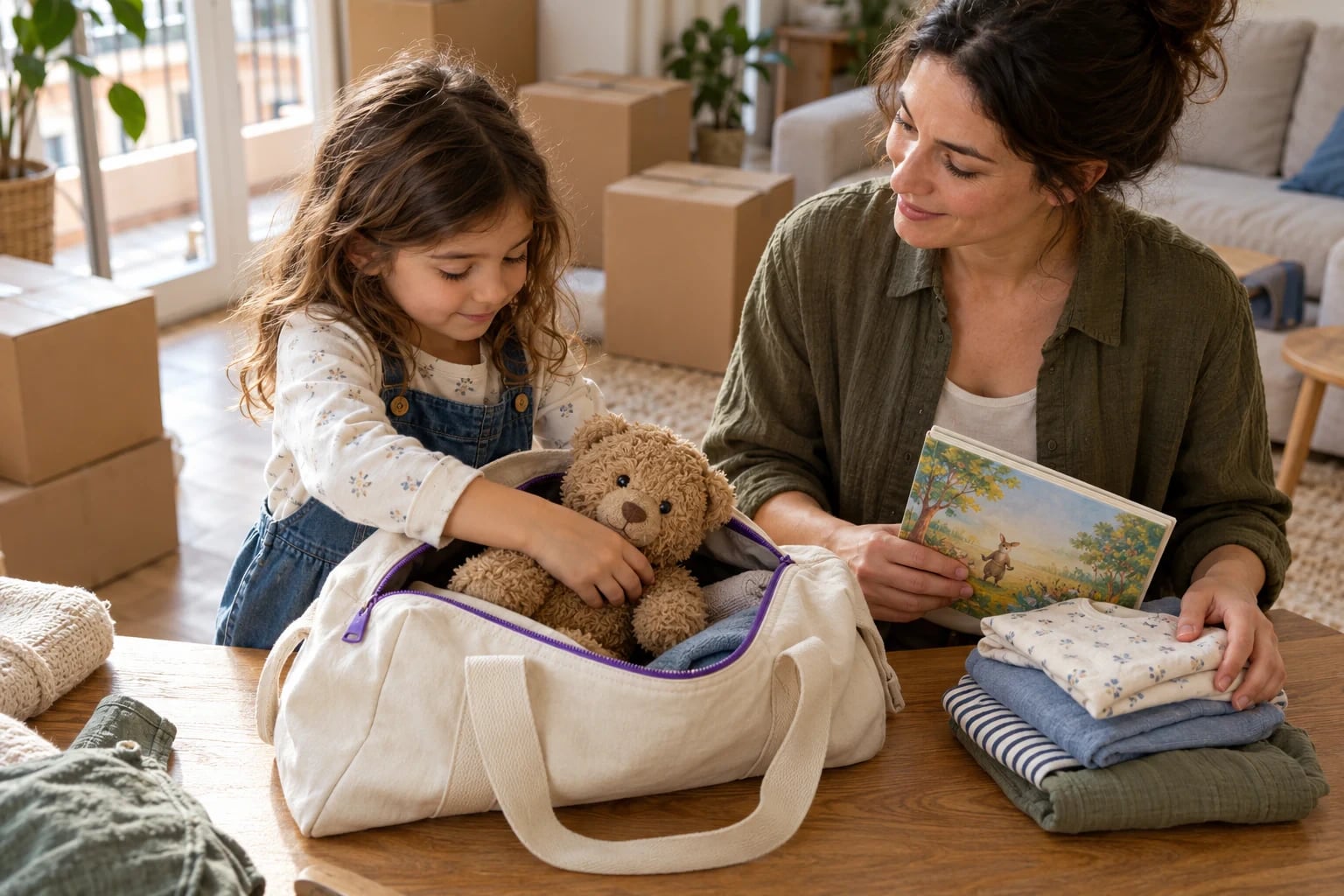 Una niña coloca su peluche en una bolsa abierta mientras su madre sostiene un cuento junto a ropa doblada y cajas de mudanza.