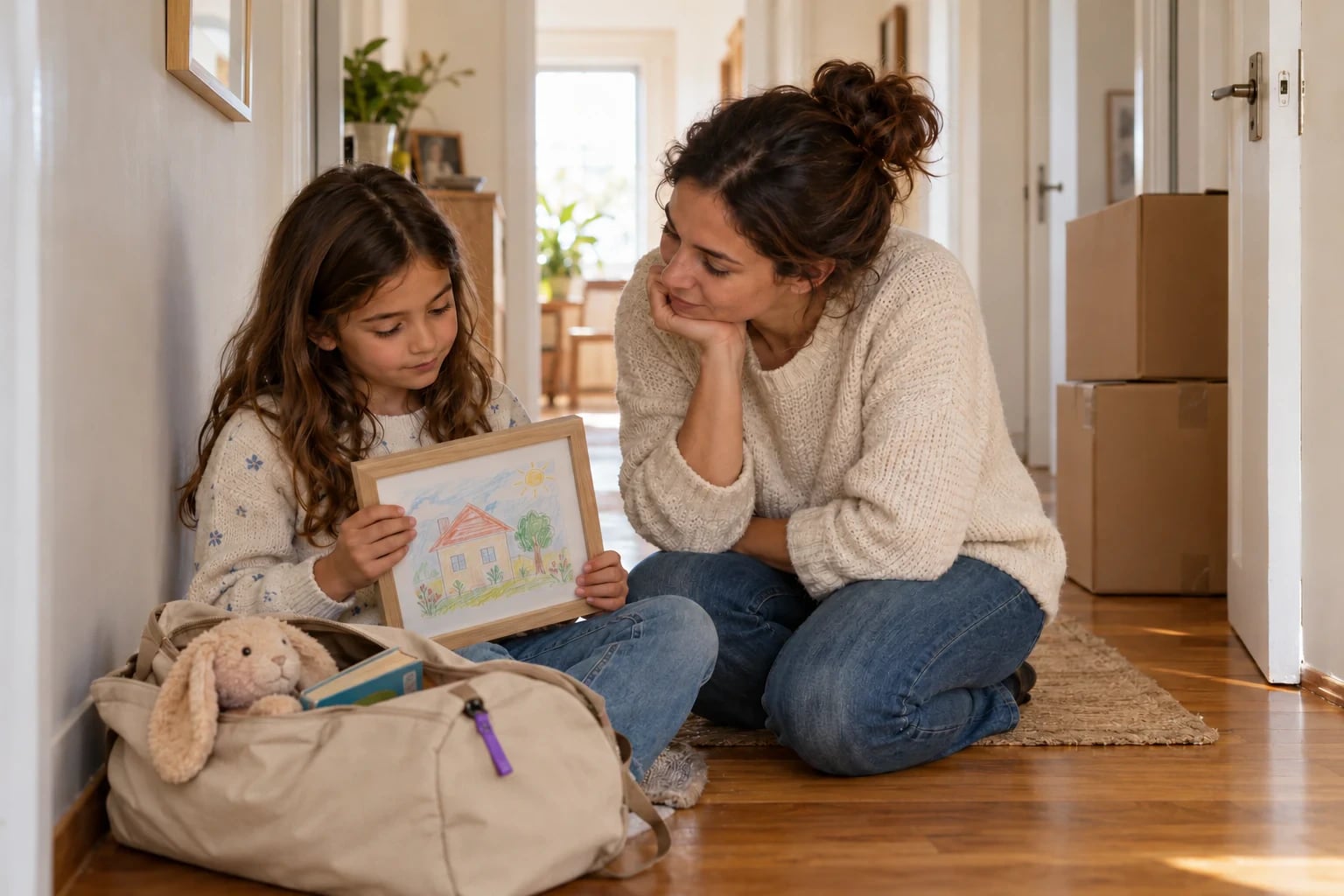 Uma criança mostra um desenho da casa a um adulto no corredor; ao lado estão a mala com peluche e livro e caixas de mudança