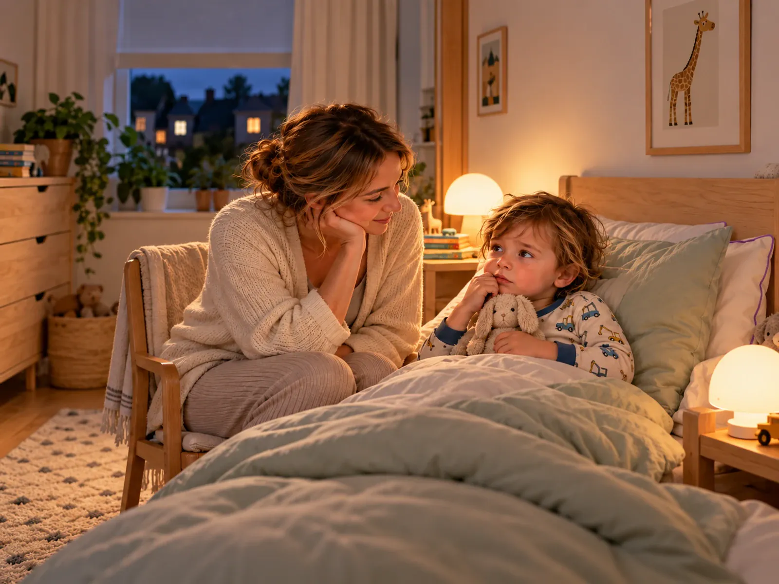 Een kind zit ’s nachts in bed terwijl een ouder rustig ernaast wacht; de scène staat midden in beeld.