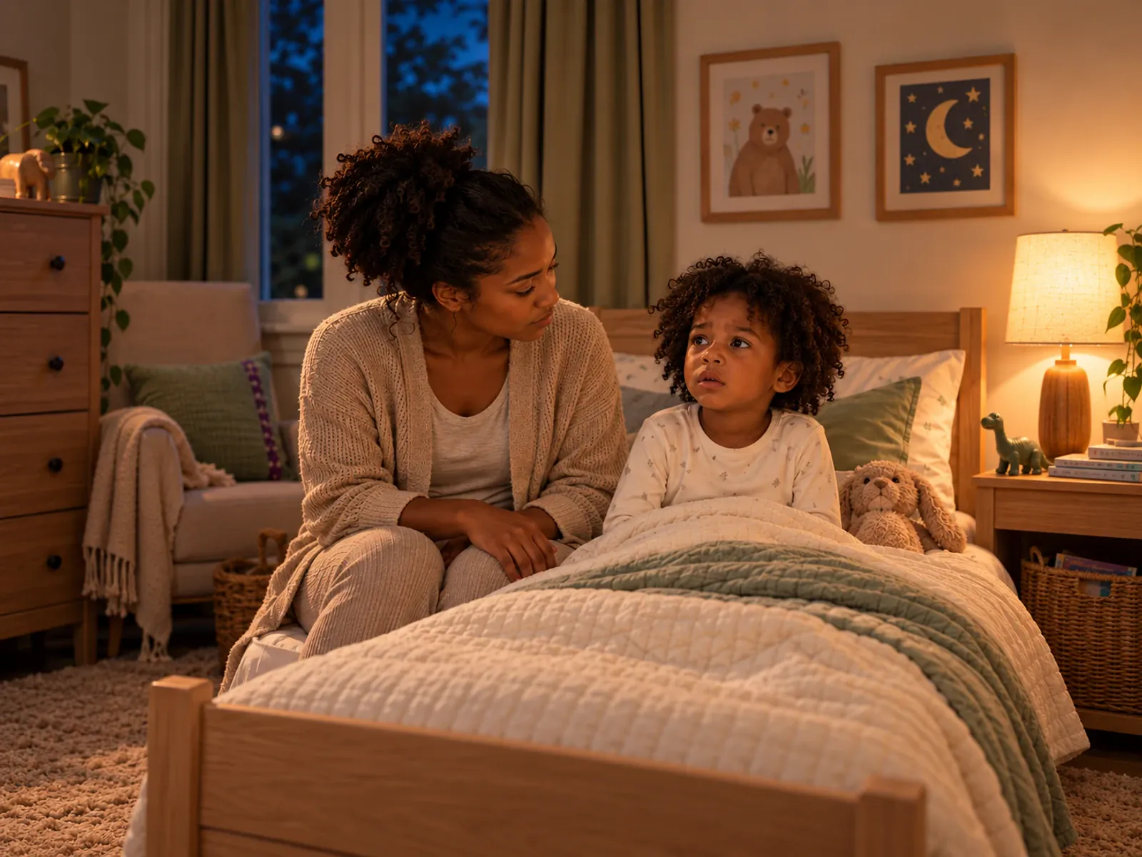 A child sitting in bed at night with a parent calmly waiting beside them; the main scene is centered.