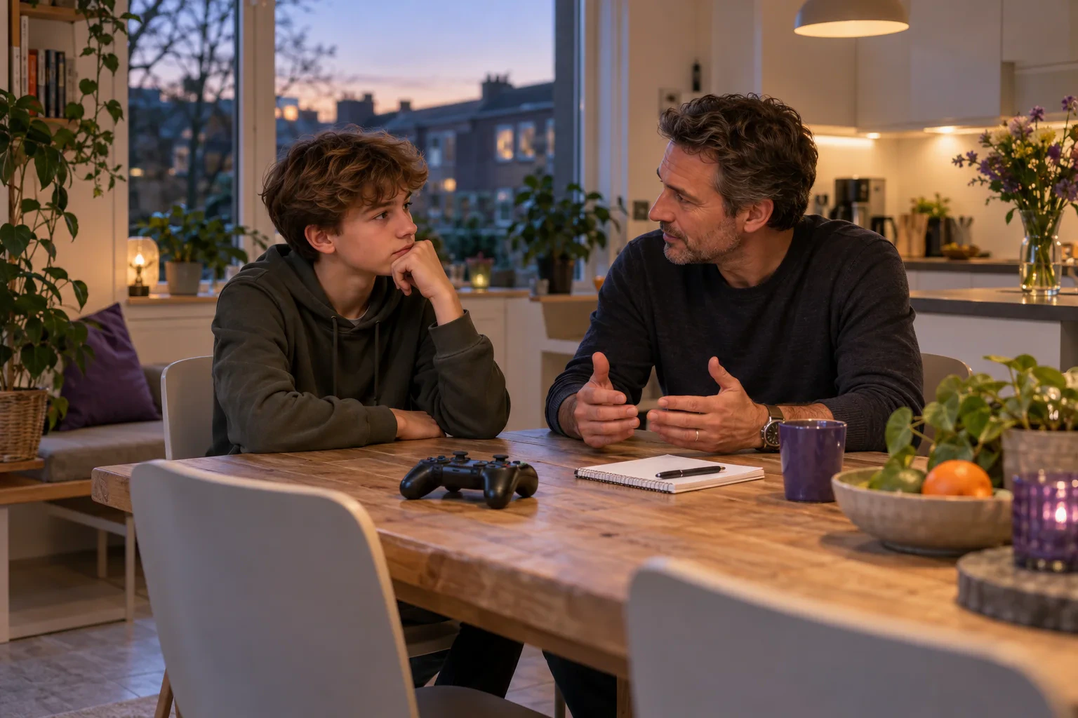 Aan een lange houten keukentafel in een licht rijtjeshuis praten een vader en zijn zoon van veertien rustig met elkaar; tussen hen liggen een gamecontroller en een notitieblok.