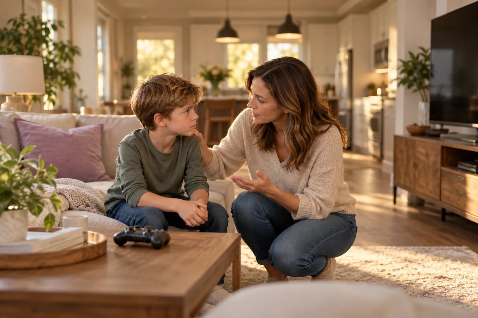 In a sunny family room, a mother crouches beside her seven-year-old son on the sofa and talks with him calmly; a game controller rests on the coffee table.