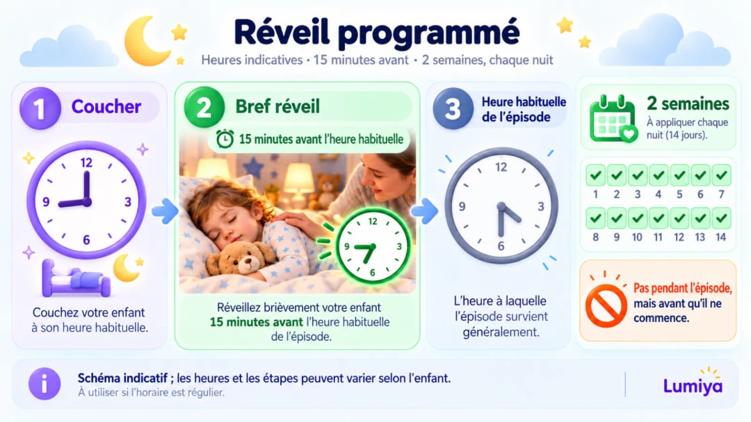 Trois cadrans : 20 h avec un lit et une lune pour le coucher ; 21 h 15 entouré de vert au-dessus d’une main posée sur l’épaule d’un enfant endormi ; 21 h 30 pâli au-dessus d’un éclair barré ; en bas, un calendrier de 14 jours tous cochés