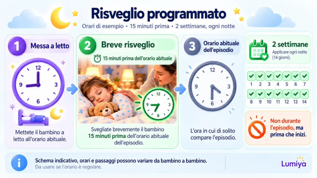 Tre orologi: alle 20 l’ora della nanna, con un letto e la luna; alle 21:15, in una cornice verde, una mano appoggiata sulla spalla di un bambino addormentato; alle 21:30, sbiadito, un fulmine barrato; sotto, un calendario di 14 giorni tutti spuntati