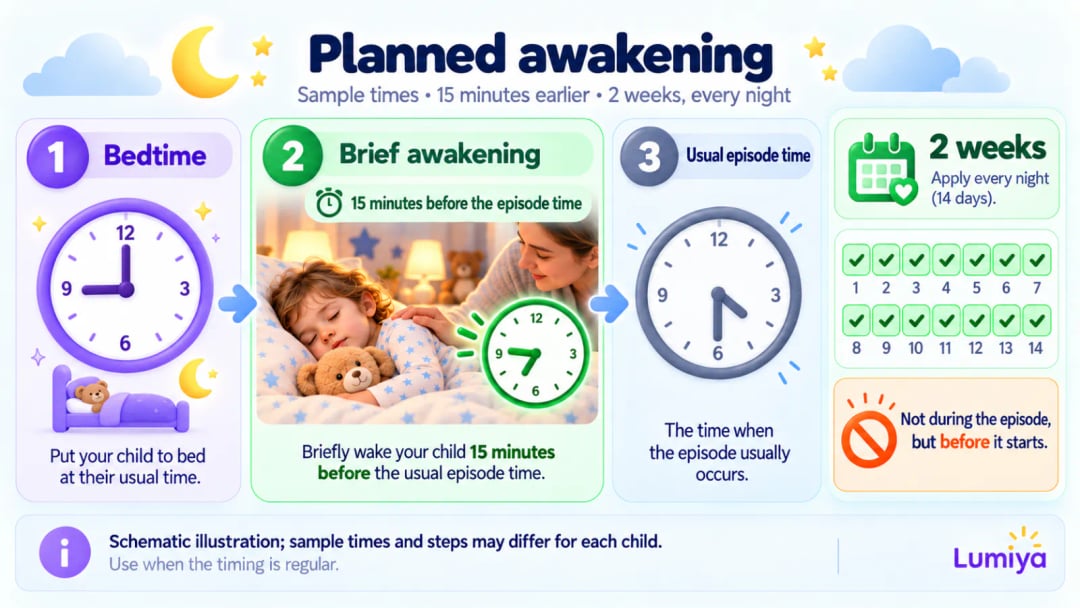 Three clock faces: 8 p.m. bedtime with a bed and a moon; 9:15 p.m. in a green frame above a hand resting on a sleeping child's shoulder; 9:30 p.m. faded above a crossed-out lightning bolt; at the bottom, a 14-day calendar with every day checked