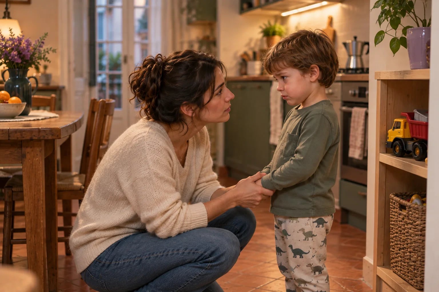 In una cucina calda con il pavimento in cotto, una mamma si accovaccia all'altezza del figlio di tre anni e gli tiene le mani mentre gli parla con dolcezza.