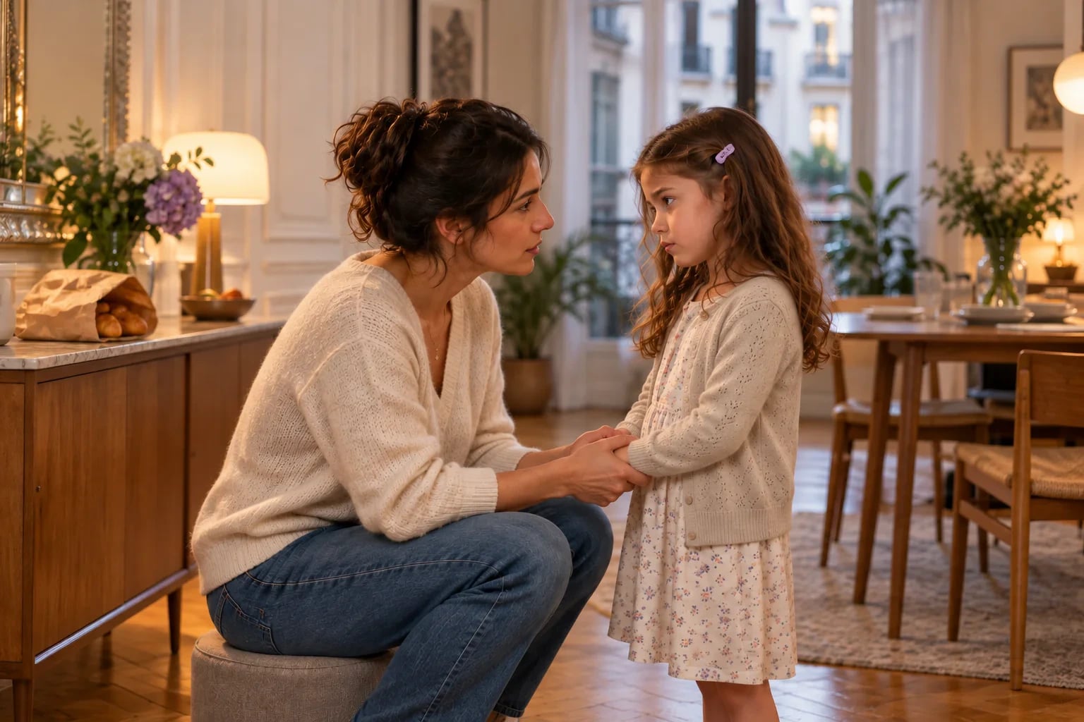 Dans un appartement parisien au parquet en chevrons, une mère assise sur un petit tabouret tient les mains de sa fille de six ans et lui parle calmement.