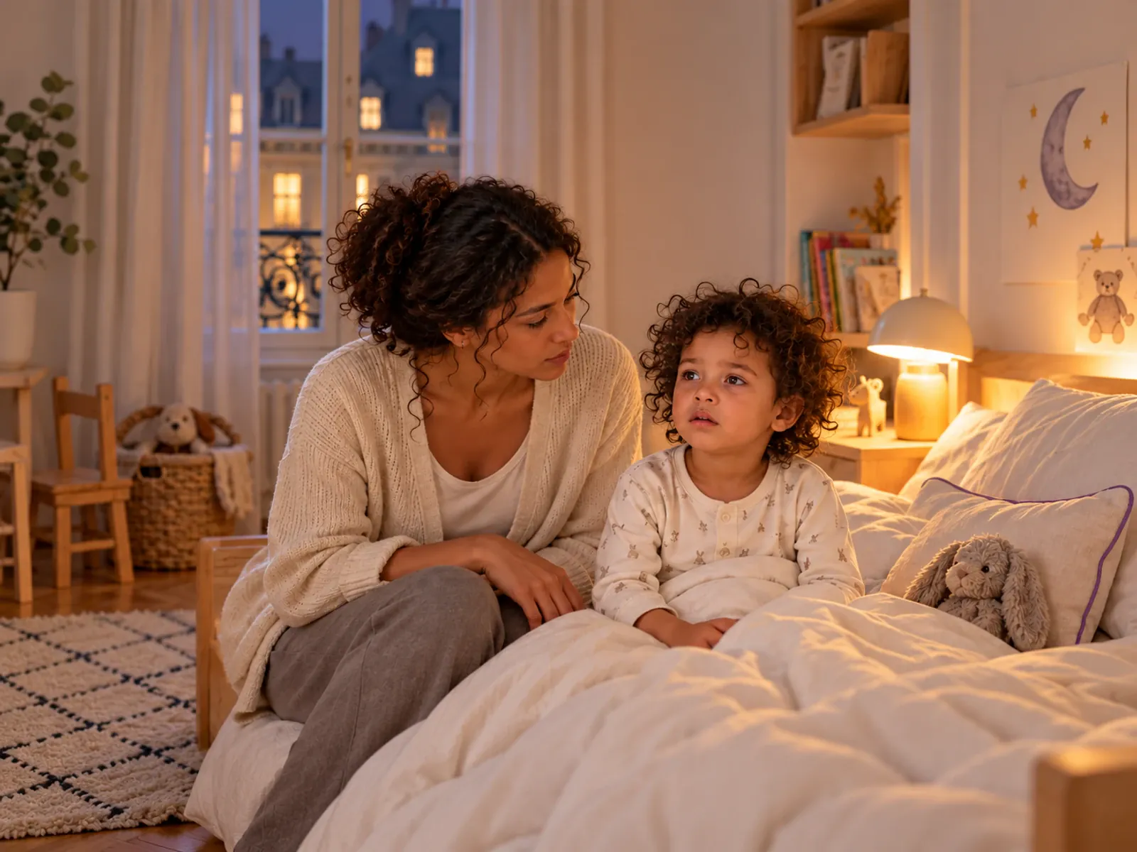 Un enfant assis dans son lit la nuit, avec un parent qui attend calmement à ses côtés ; la scène est centrée.