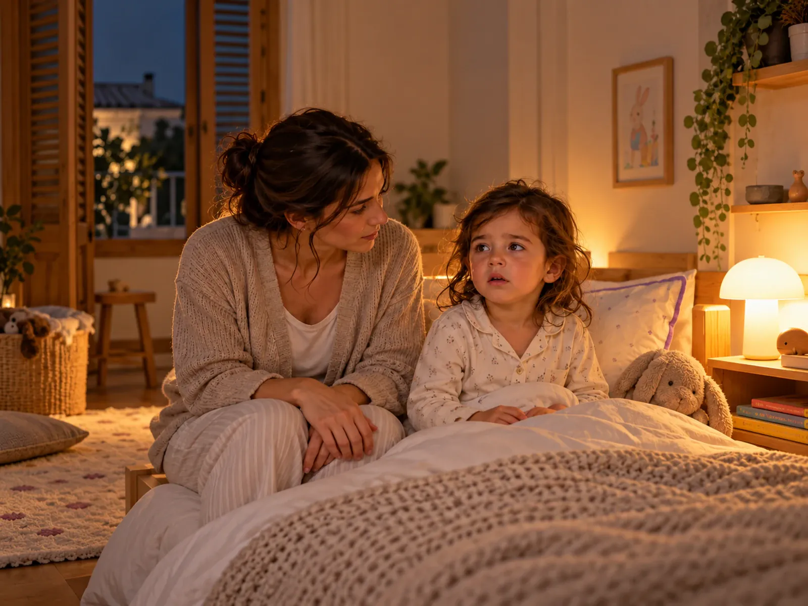 Un niño sentado en la cama de noche y un progenitor que espera con calma a su lado; la escena está centrada.