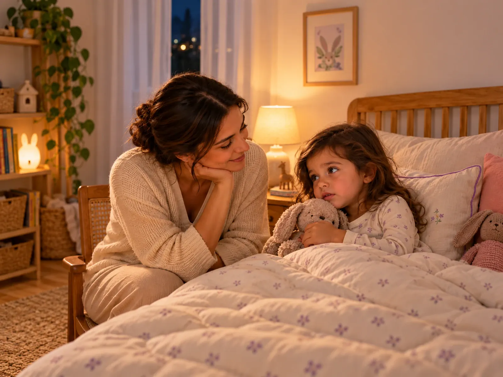Uma criança sentada na cama à noite e um progenitor que espera calmamente ao lado; a cena está centrada.
