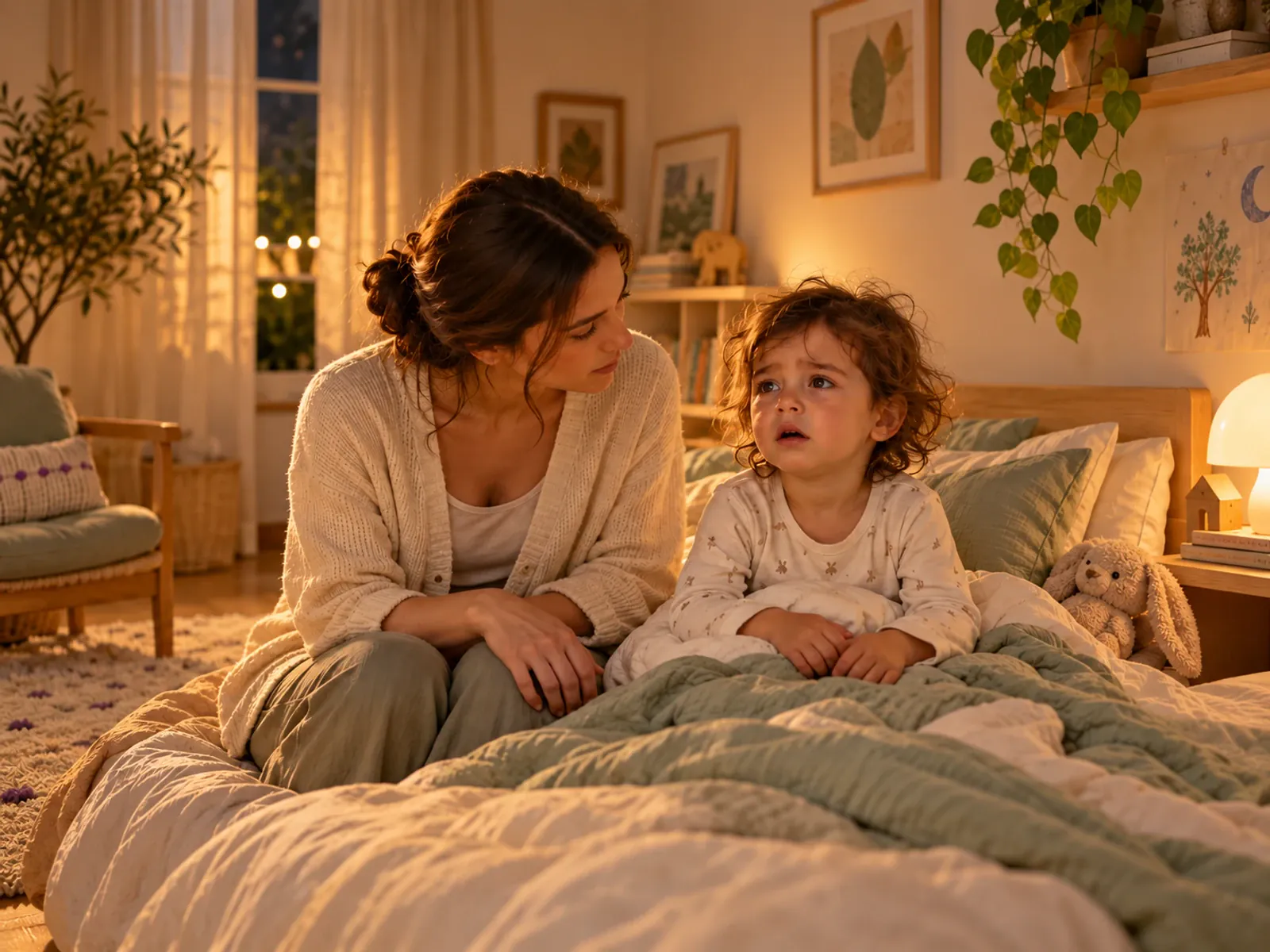 Un bambino seduto nel letto di notte, con un genitore che aspetta con calma accanto a lui; la scena è al centro.