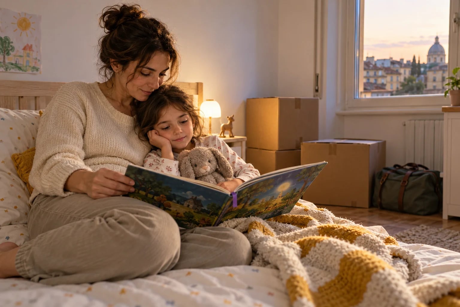 Un genitore e una bambina leggono insieme sul letto, con un peluche vicino e scatoloni ancora chiusi nella nuova camera.